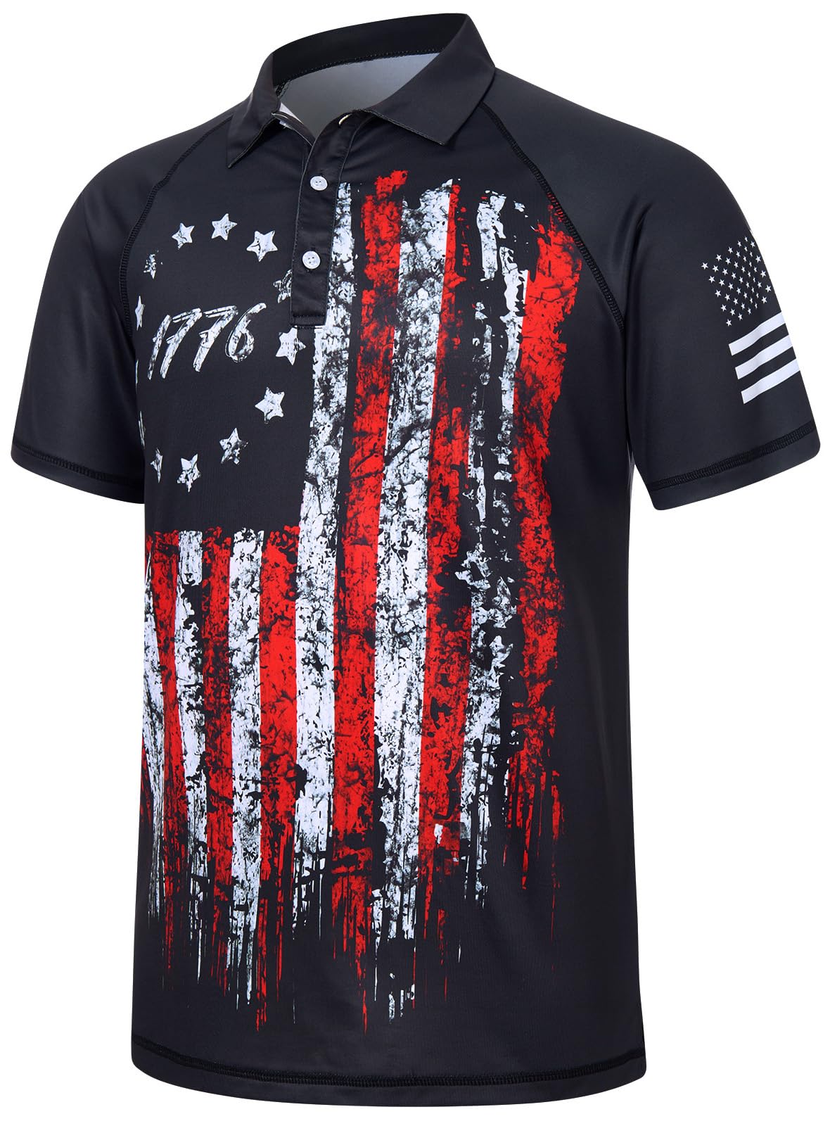 HOTRAISEVERN Mens American Flag Print Golf Polo Shirt Patriotic Raglan Sleeve Tees