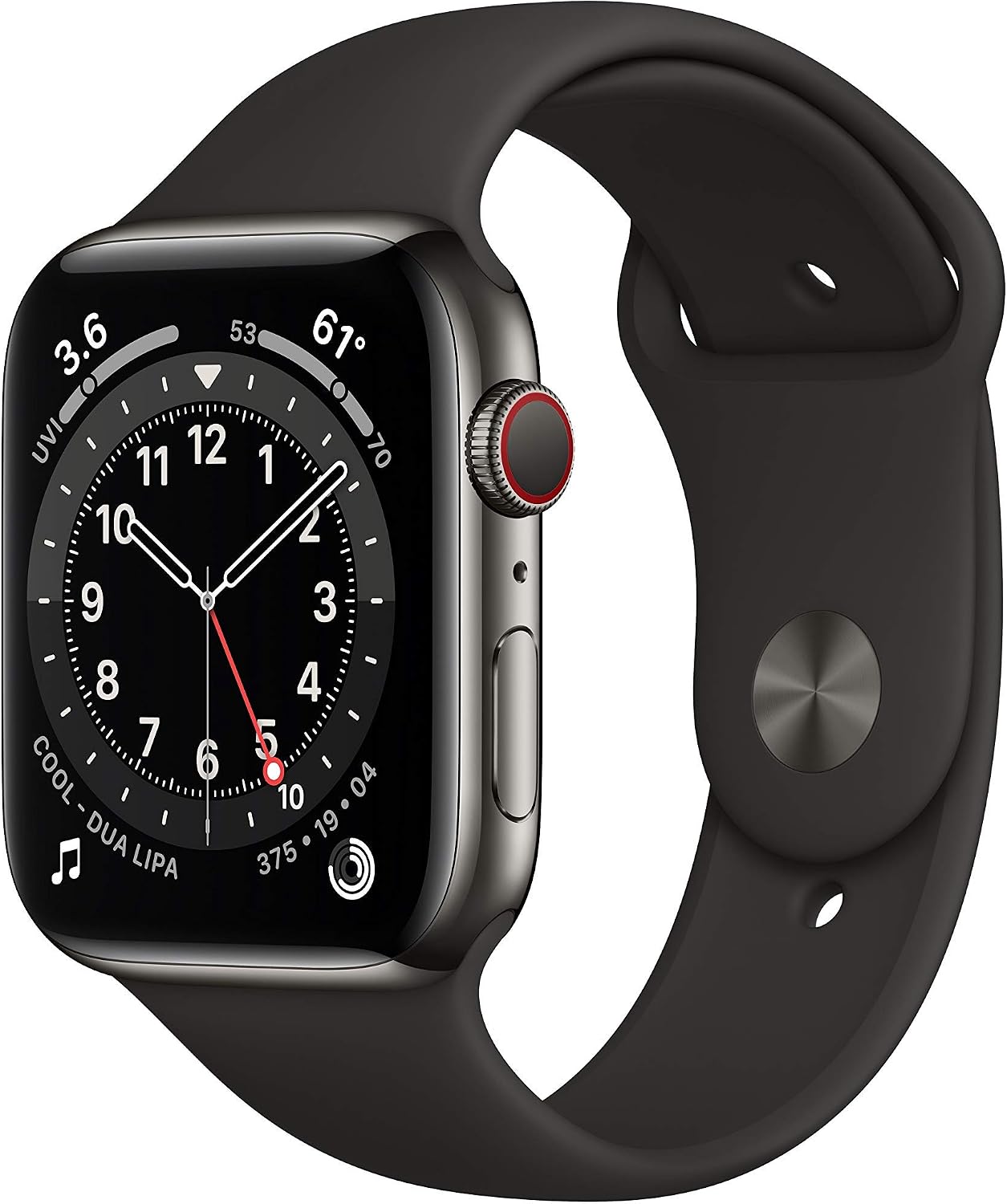 HOTApple Watch Series 6 (GPS + Cellular, 44mm) - Graphite Stainless Steel Case with Black Sport Band (Renewed)