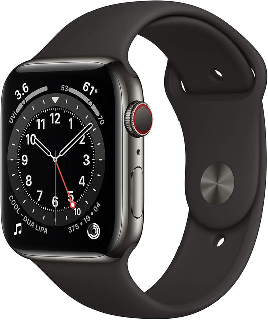 HOTApple Watch Series 6 (GPS + Cellular, 44mm) - Graphite Stainless Steel Case with Black Sport Band (Renewed)