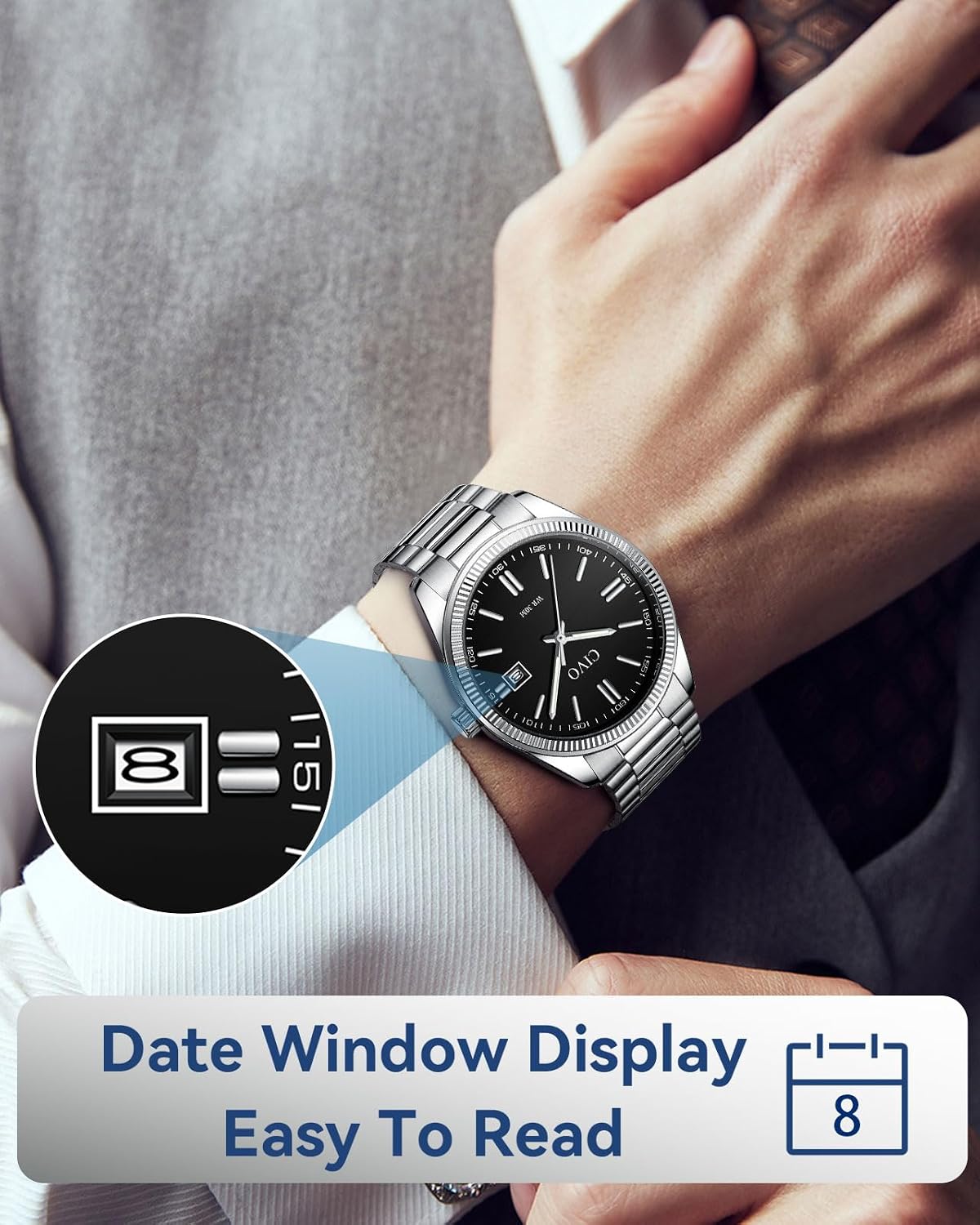 HOTCIVO Analog Mens Watches Silver: Wrist Watches with Date Easy to Read | Dress Stainless Steel Watch for Men, Gifts for Husband Father at Birthday Anniversary