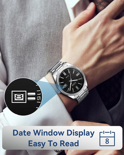 HOTCIVO Analog Mens Watches Silver: Wrist Watches with Date Easy to Read | Dress Stainless Steel Watch for Men, Gifts for Husband Father at Birthday Anniversary
