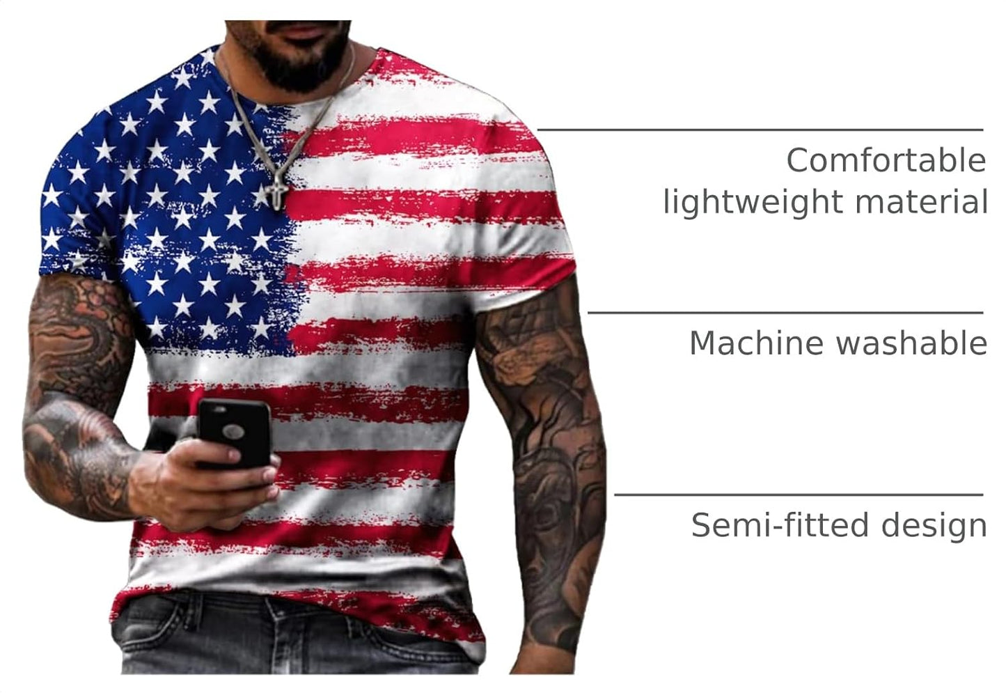HOTMen's Short Sleeve Patriotic American Design with Eagle and Flag Premium T-Shirt