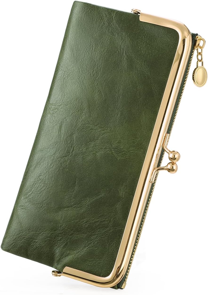 HOTGOIACII Womens Wallet Kiss Lock Bifold Leather Wallets for Women Green | Vintage Wallet for Women,Ladies Clutch Purse,Women's Card Holder Wallet with Zipper