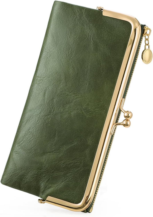HOTGOIACII Womens Wallet Kiss Lock Bifold Leather Wallets for Women Green | Vintage Wallet for Women,Ladies Clutch Purse,Women's Card Holder Wallet with Zipper