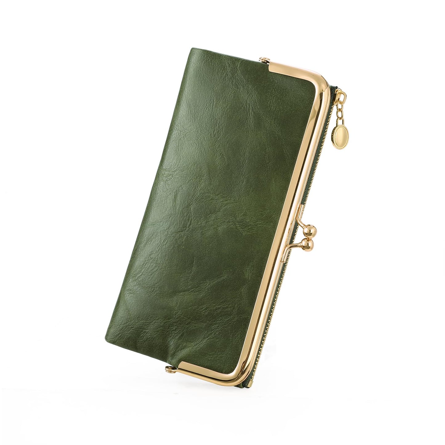 HOTGOIACII Womens Wallet Kiss Lock Bifold Leather Wallets for Women Green | Vintage Wallet for Women,Ladies Clutch Purse,Women's Card Holder Wallet with Zipper