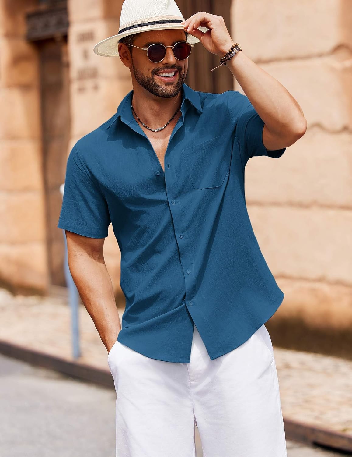 HOTCOOFANDY Men's Button Down Short Sleeve Shirt Casual Cotton Summer Beach Linen Wedding Shirts with Pocket