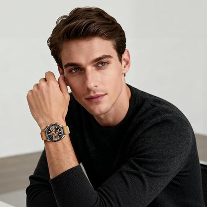 HOTBENYAR Mens Watches Quartz Movement Chronograph Leather Strap Fashion Business Sport Design 30M Waterproof Scratch Resistant Elegant Gifts for Men