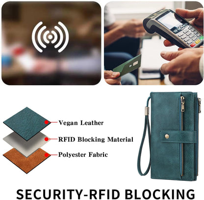 HOTGOIACII Wallet for Women RFID Blocking Card Holder Large Capacity Trifold Leather Wristlet Wallets Teal