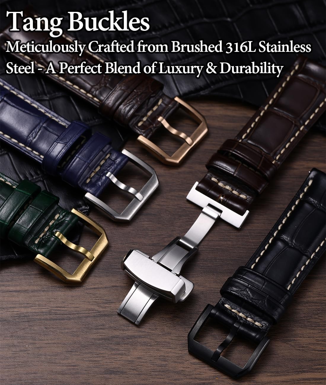 HOTREZERO Leather Watch Band for Men, Quick-Release Alligator Grain Embossed | REZERO Watch Bands Replacement | Luxury Style | 316L Stainless Steel Hardware | Curved End for Round Dial | 19/20/21/22mm