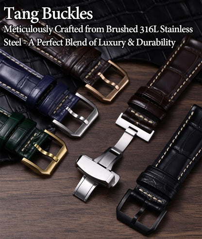 HOTREZERO Leather Watch Band for Men, Quick-Release Alligator Grain Embossed | REZERO Watch Bands Replacement | Luxury Style | 316L Stainless Steel Hardware | Curved End for Round Dial | 19/20/21/22mm