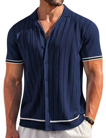 HOTCOOFANDY Men's Short Sleeve Knit Shirt Casual Button Down Shirt Vintage Striped Knitted Golf Beach Tops