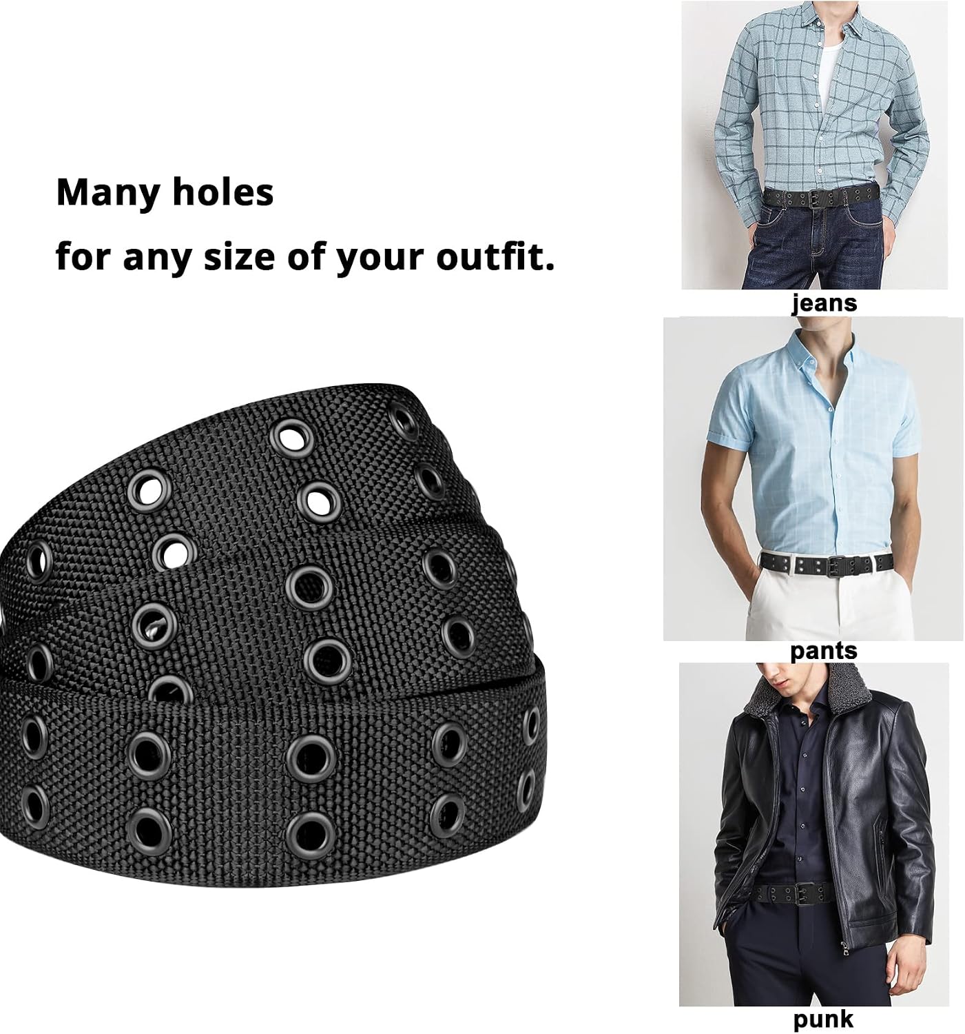 HOTDouble Prong Belt Plus Size 39 to 71'' Black Grommet Nylon Belts for Men Women Unisex