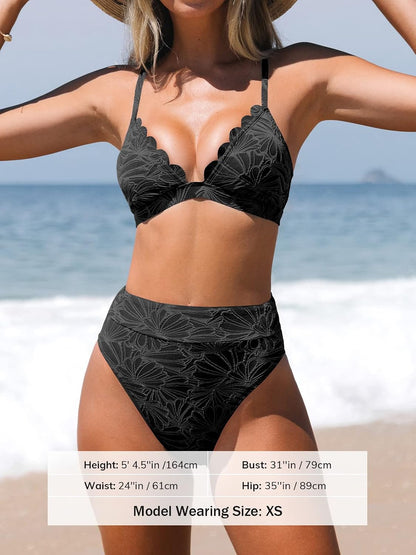 HOTCUPSHE Bikini Set for Women High Waisted Scalloped Two Piece Swimsuit | V Neck,Textured,Crisscross,Back Self Tie,Spaghetti Straps,Soft Removable Cups,Modest Bathing Suit For Vacation And Beach