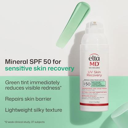 HOTEltaMD UV Skin Recovery 100% Mineral Sunscreen, SPF 50, Redness Correcting Face Sunscreen, Safe for Sensitive Skin