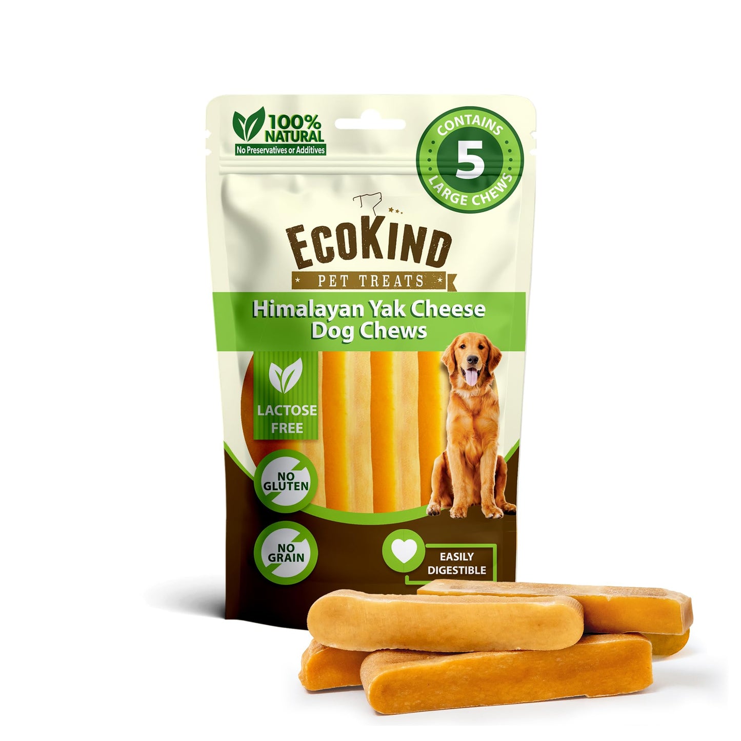 HOTEcoKind Yak Cheese Himalayan Dog Chews, Yak Chews for Large Dogs, 4-5 Bones | 1 Lb, Long Lasting for Aggressive Chewers, Only 3 Ingredient Natural High Protein Dental Dog Treats, No Additives or Lactose