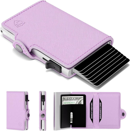 HOTConceal Plus RFID Wallet Women - Light Pink Saffiano Credit Card Holder | Slim Aluminum Women's Wallet Blocks Scanning at 13.56MHz, Holds 4-6 cards with One-Touch Access, Fits Small Purse or Pocket