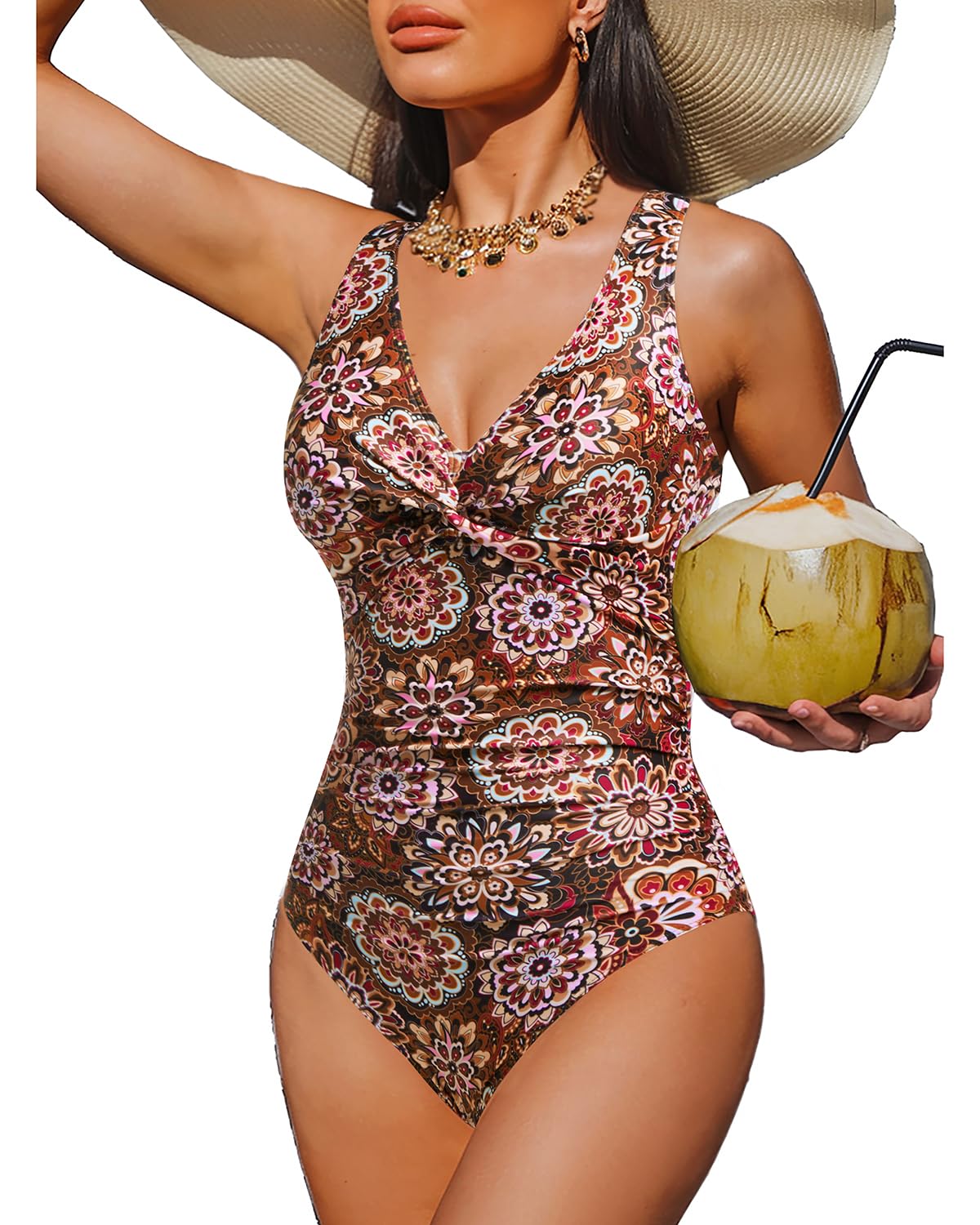 HOTWomen's Tummy Control One Piece Swimsuit Push Up Full Coverage Bathing Suit | V-Neck Twist Front, Low-Back Design, Adjustable Straps, Removable Pads, Full Coverage, Long-Torso Fit, Beach and Pool Days