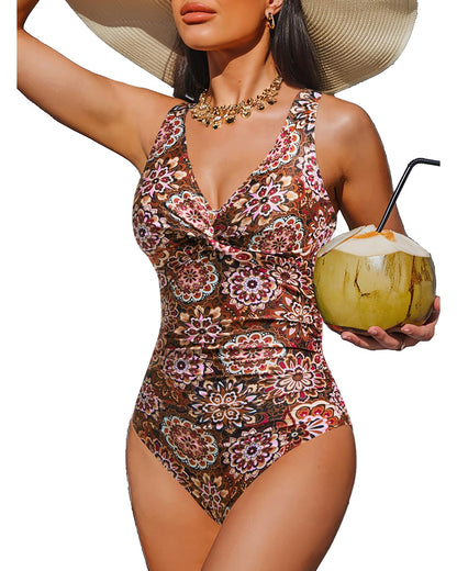 HOTWomen's Tummy Control One Piece Swimsuit Push Up Full Coverage Bathing Suit | V-Neck Twist Front, Low-Back Design, Adjustable Straps, Removable Pads, Full Coverage, Long-Torso Fit, Beach and Pool Days