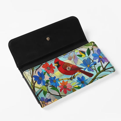 HOTNorth Cardinals Bird Women Wallet Long Trifold Checkbook Wallets with Zipper Pocket, Mosaic Art Birds Flowers Credit Card Holder PU Leather Billfold Wallet Purse