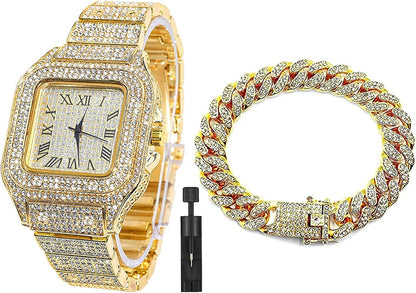 HOTApzzic Diamond Iced Out Watch CZ Gold Plated 40mm Width Roman Numerals Dial Quartz Wristband Watch for Men Women
