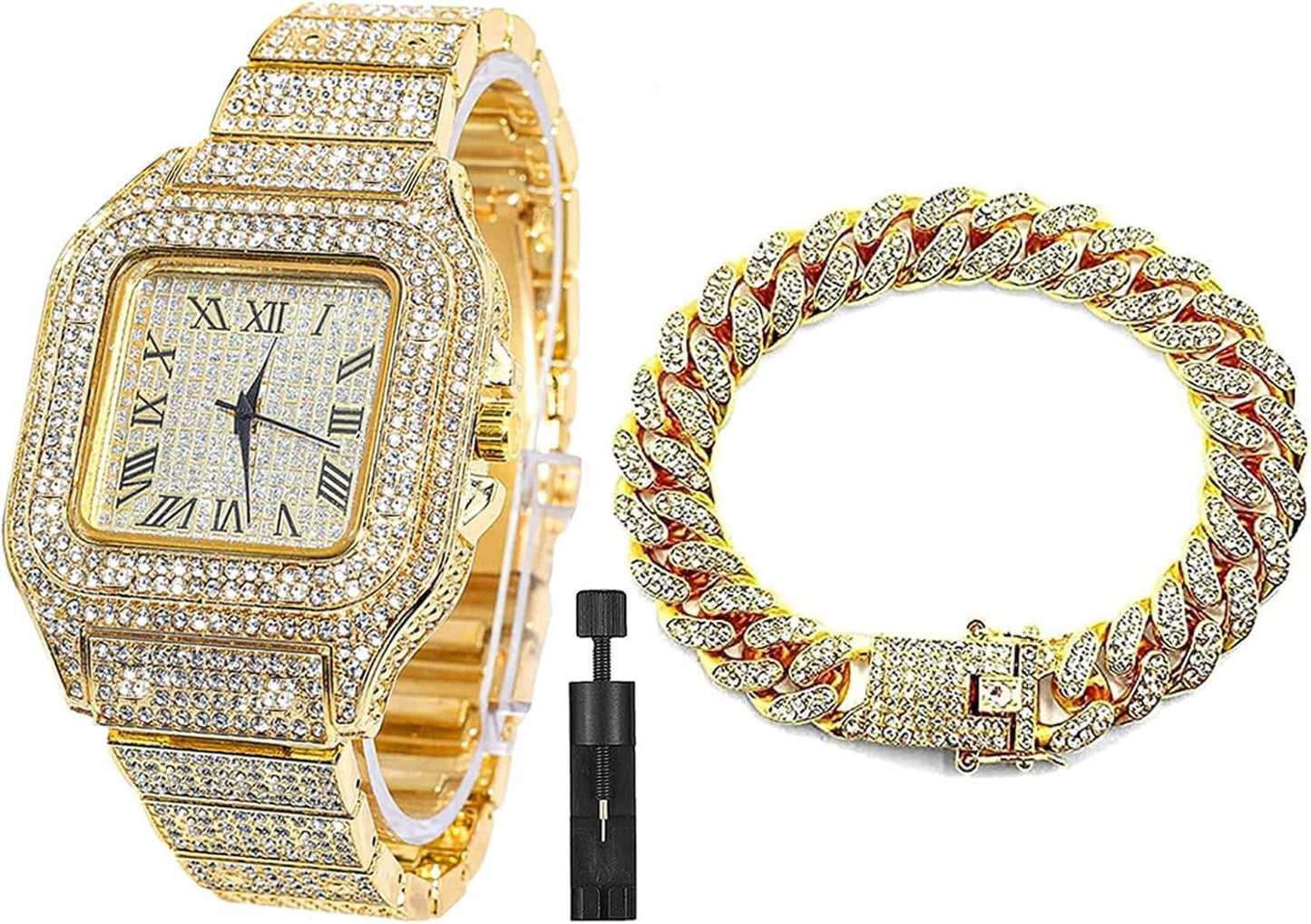 HOTApzzic Diamond Iced Out Watch CZ Gold Plated 40mm Width Roman Numerals Dial Quartz Wristband Watch for Men Women