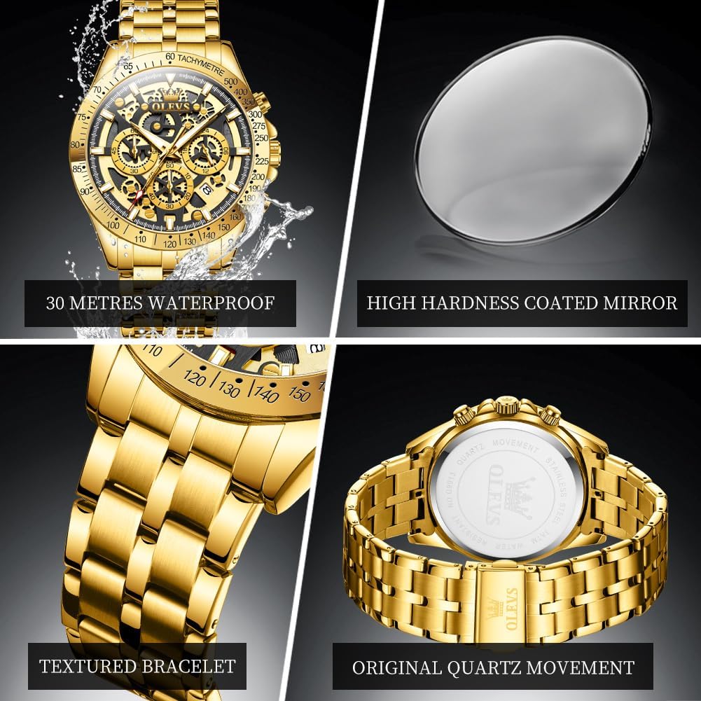 HOTOLEVS Watch for Men Skeleton Business Dress Stainless Steel Waterproof Luminous Mens Wrist Watch