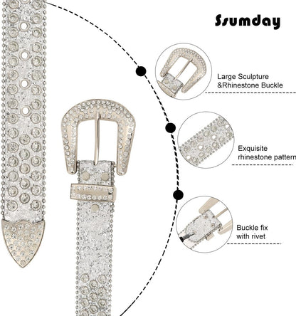 HOTMen Women's Rhinestone Bling Studded 1.5" Leather Belts for Jeans Pants with Fashion Silver Buckle