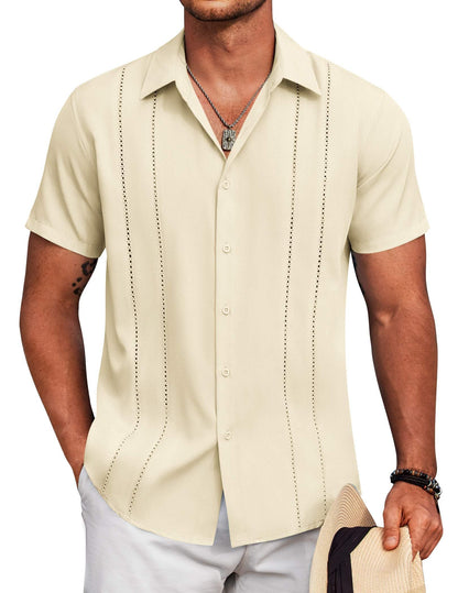 HOTCOOFANDY Mens Cuban Guayabera Shirt Short Sleeve Button Down Shirts Summer Beach Vacation Shirts