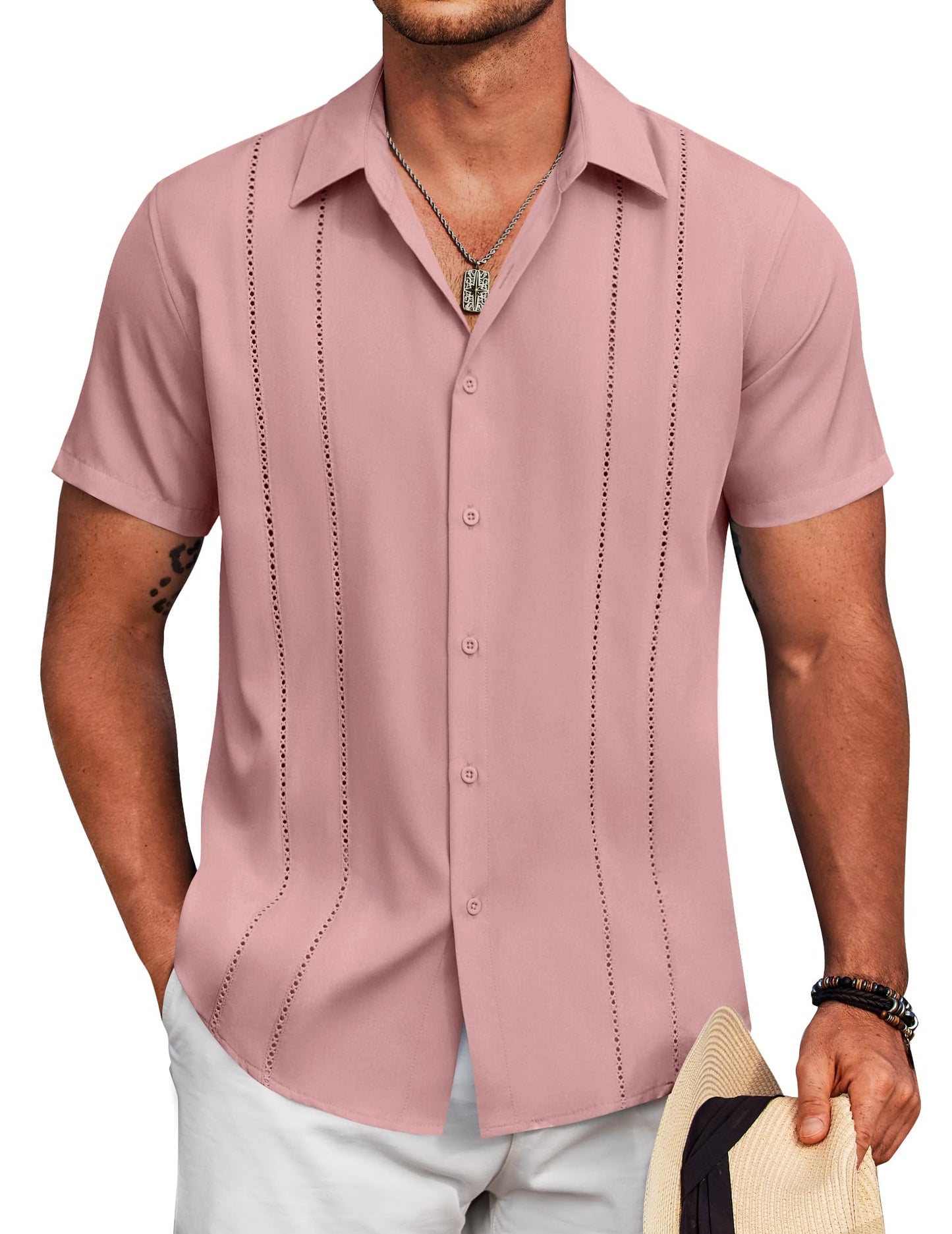 HOTCOOFANDY Mens Cuban Guayabera Shirt Short Sleeve Button Down Shirts Summer Beach Vacation Shirts