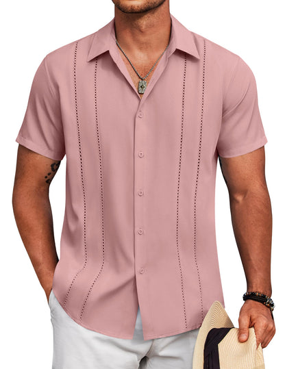 HOTCOOFANDY Mens Cuban Guayabera Shirt Short Sleeve Button Down Shirts Summer Beach Vacation Shirts