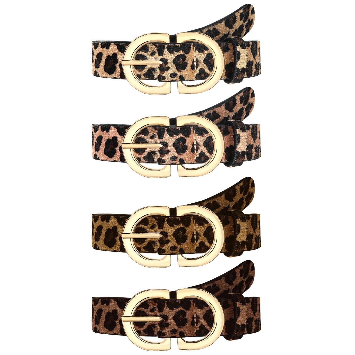 HOTYARIEW 4 Pack Leopard Belts for Women Leather Belts for Jeans Pants Ladies Dress Belt Waist Belt with Gold Buckle