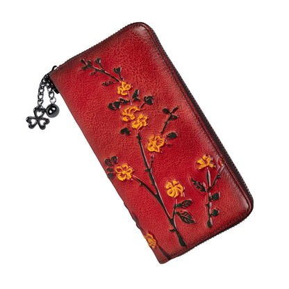 HOTWallet Genuine Leather for Women - with RFID Blocking Card checkbook ID Slot Large Capacity Vintage style (flower brown)