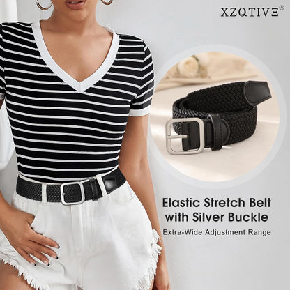 HOTXZQTIVE Women Elastic Braided Belt with Black Buckle, Woven Stretch Fabric