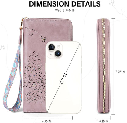 HOTKITEVIUN RFID Wallet Women, Large Capacity Butterfly Cell Phone Clutch Purses Ladies Wristlet Wallets for Women