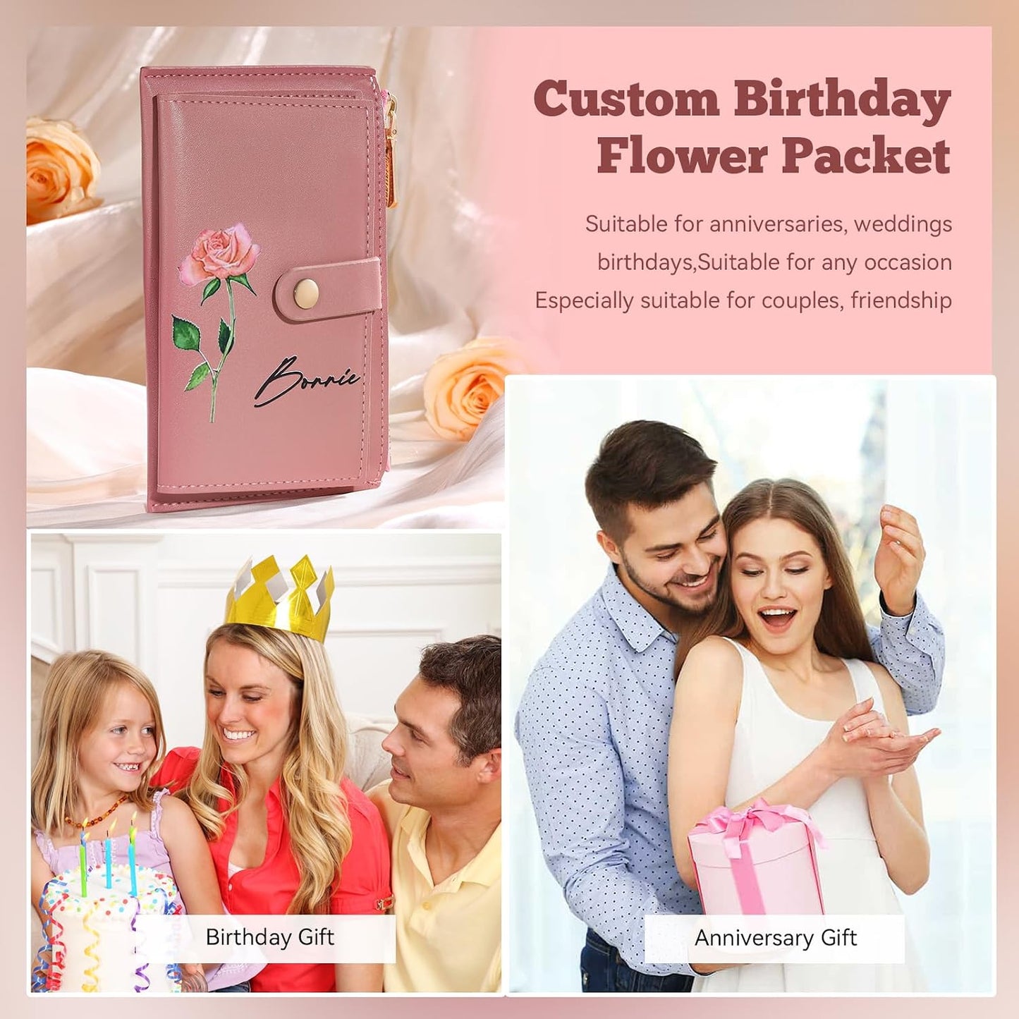 HOTPersonalized Gifts for Women Christmas Custom Birthflower Wallet for Mom Customizable Name Leather Wallet for Wife Her Mother's Day Birthday Gifts from Daughter Son Husband (Color 1)