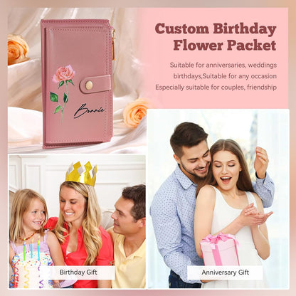 HOTPersonalized Gifts for Women Christmas Custom Birthflower Wallet for Mom Customizable Name Leather Wallet for Wife Her Mother's Day Birthday Gifts from Daughter Son Husband (Color 1)