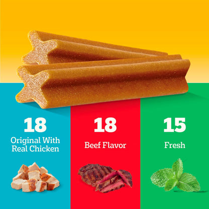 HOTPedigree Dentastix Large Breed Dog Dental Treats, Variety, 51 Count | Original, Beef & Fresh Flavors, triple action dental care, reduces tartar, cleans teeth, freshens breath, for dogs 40+ lbs