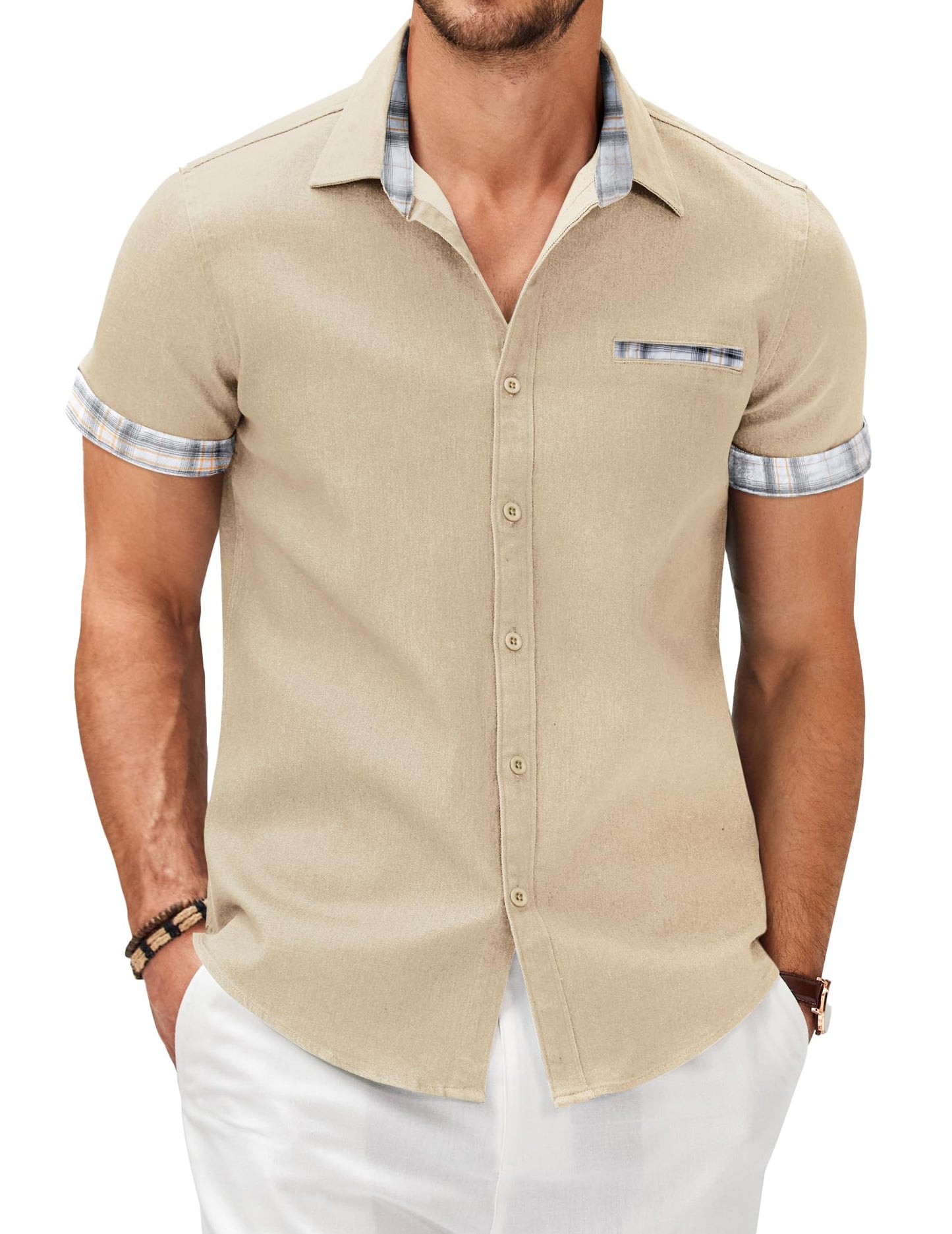 HOTCOOFANDY Men's Cotton Casual Short Sleeve Button Down Shirt Plaid Collar Denim Work Shirts
