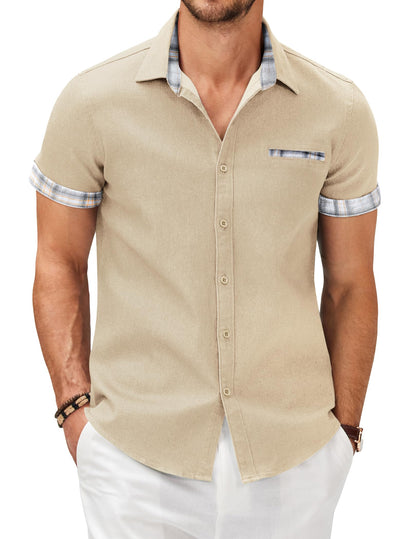HOTCOOFANDY Men's Cotton Casual Short Sleeve Button Down Shirt Plaid Collar Denim Work Shirts