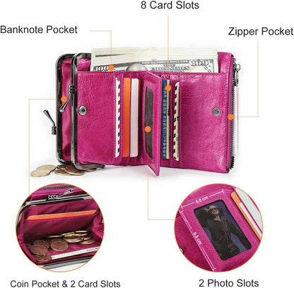 HOTCONTACTS Full Grain Leather Kiss Lock Wallet for Women Small Coin Purse Zipper Bifold Kiss Clasp Rfid Wallet Vintage Card Holder with Photo Window (Rose Red)