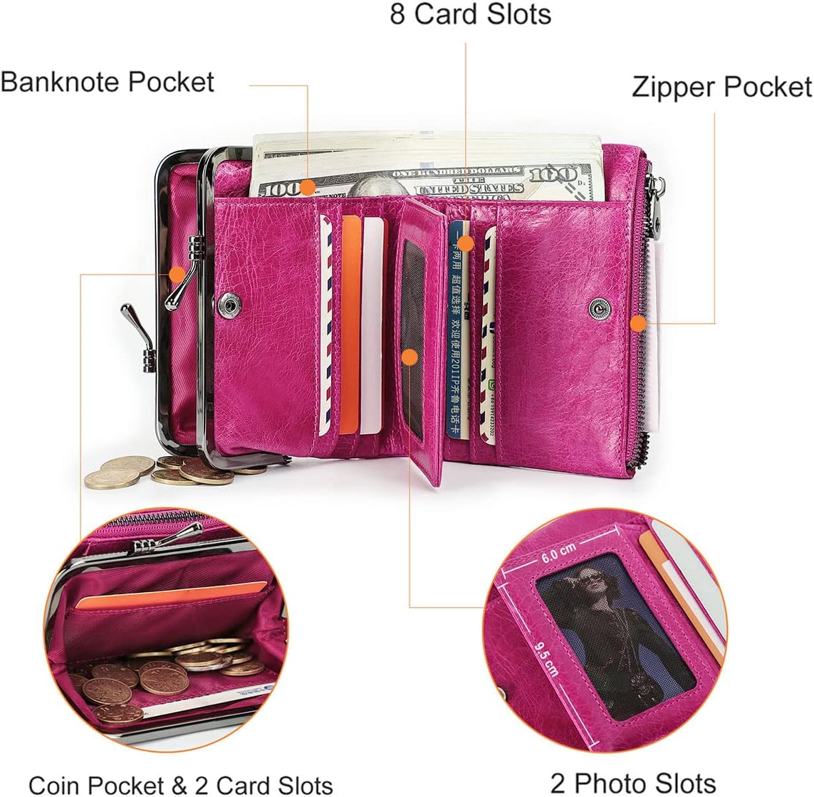 HOTCONTACTS Womens Kiss Lock Wallet Leather Small Zipper Coin Purse for Women Bifold Rfid Clasp Wallet Card Holder with Photo Window