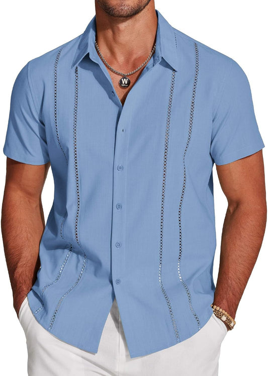 HOTCOOFANDY Men's Cuban Guayabera Shirt Short Sleeve Button Down Shirts Casual Summer Beach Linen Shirts