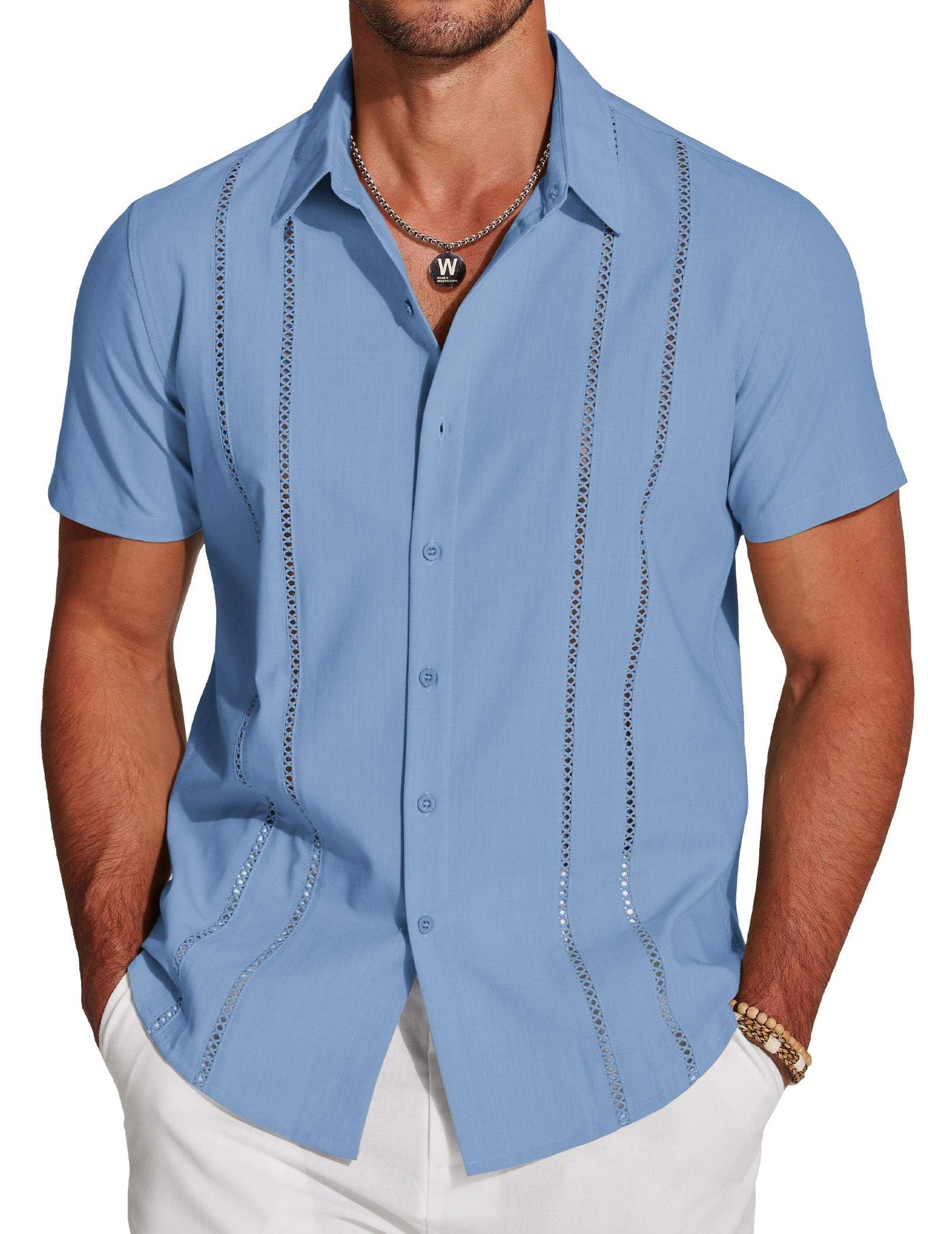 HOTCOOFANDY Men's Cuban Guayabera Shirt Short Sleeve Button Down Shirts Casual Summer Beach Linen Shirts
