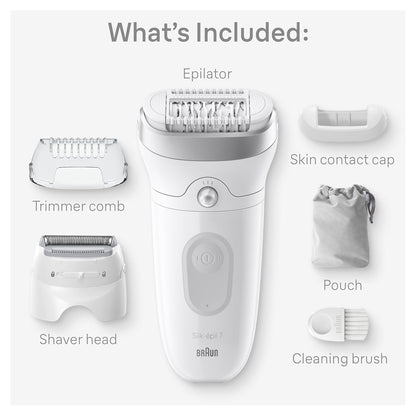 HOTBraun Epilator Silk-épil 7, Hair Removal Device, Women Shaver & Trimmer, Wet and Dry, Wide Head, Includes Shaver Head and Trimmer Comb, SE7-041, Silver