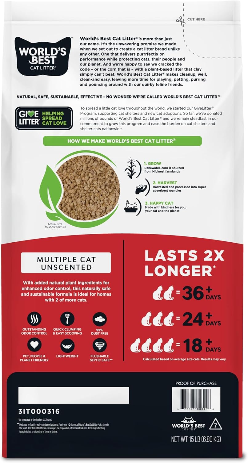 HOTWorld's Best Cat Litter, Multiple Cat, Unscented, Odor Control, 15 lb Bag | Controls tough multi-cat odors and lasts 2x longer; natural corn litter, quick clumping, flushable, 99% dust free