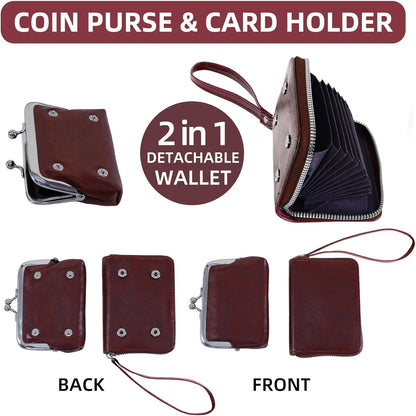 HOTDetachable 2 in 1 Genuine Leather Wallet for Women Credit Card Holder with Zipper Coin Purse (Wine Red2)