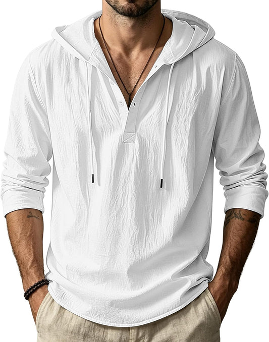 HOTMen's Cotton Linen Hoodies Casual Hooded Long Sleeve Button Down Shirts Lightweight Casual Hawaiian Beach Sweatshirts