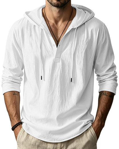 HOTMen's Cotton Linen Hoodies Casual Hooded Long Sleeve Button Down Shirts Lightweight Casual Hawaiian Beach Sweatshirts