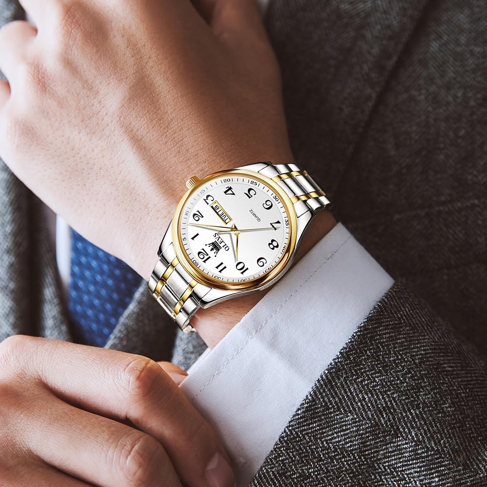 HOTOLEVS Men's Casual Stainless Steel Watch, Big Face Easy to Read Analog Quartz Watch with Day and Date, Classic Waterproof Diamond Roman Arabic Numeral Dial Dress Watch for Men, Gold Silver Black Band