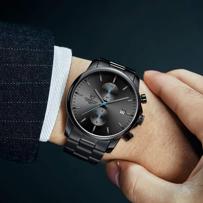 HOTGOLDEN HOUR Fashion Business Mens Watches with Stainless Steel Waterproof Chronograph Quartz Watch for Men, Auto Date